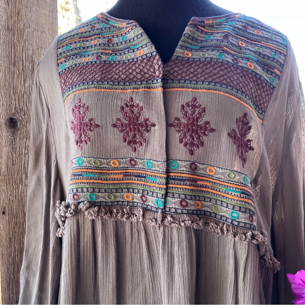 Indigo Soul Soft Crinkle Crepe Long Sleeve Embroidered Design Southwestern Dress - Picture 3 of 8